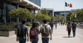 Estudiantes latinoamericanos caminando por un campus universitario en México