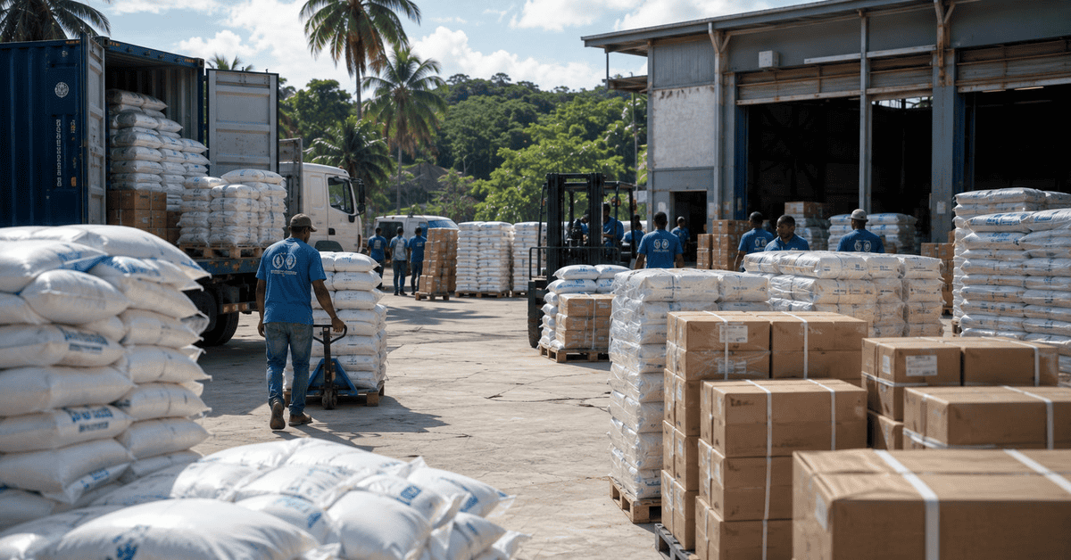 Centro de distribución de ayuda alimentaria del Programa Mundial de Alimentos en una operación humanitaria para Cuba.