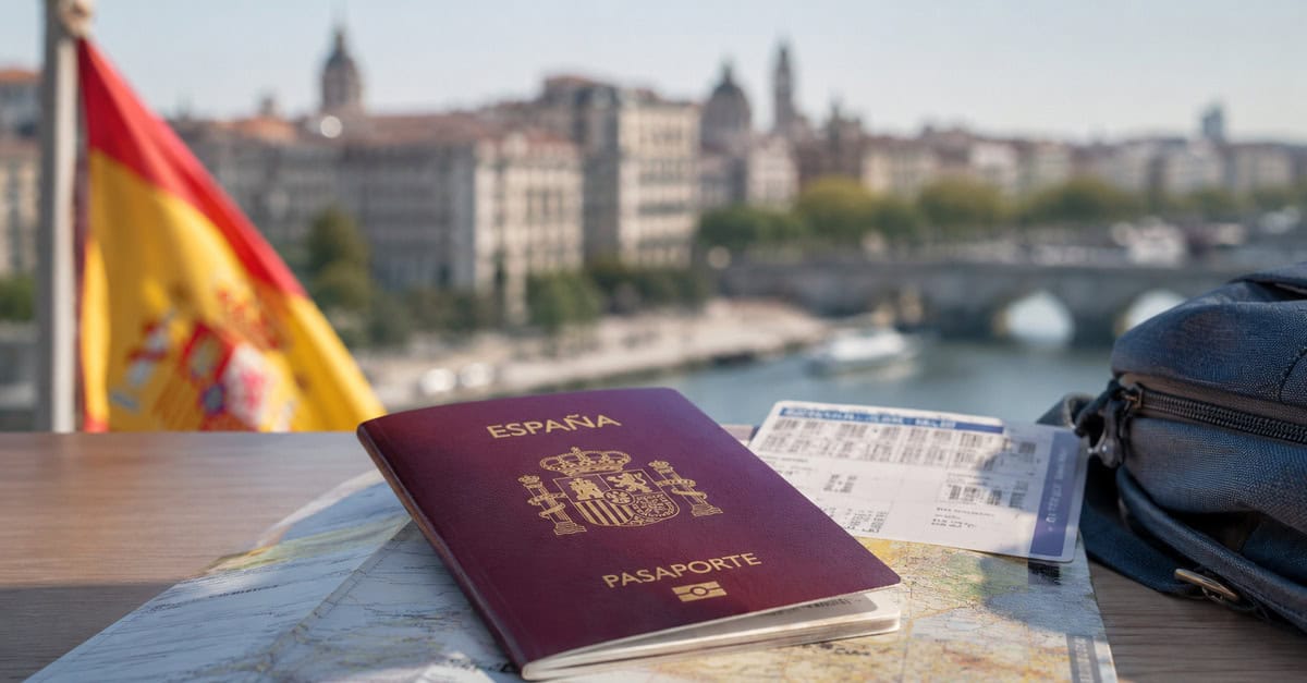 Pasaporte español sobre una mesa junto a documentos de viaje y una tarjeta de embarque, con una ciudad europea desenfocada al fondo y una bandera de España.