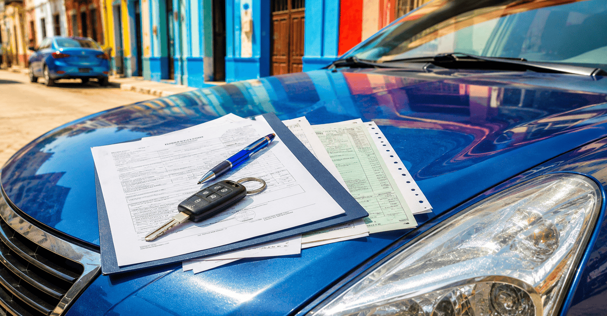 Documentos de compraventa y factura sobre el capó de un automóvil usado en Cuba para ilustrar el cálculo del impuesto de transferencia en 2026.