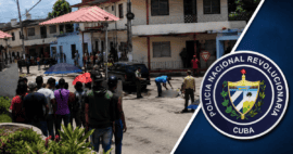 Composición editorial sobre el presunto tiroteo reportado frente a un bar en Colón, Matanzas, con escena del lugar y logotipo de la Policía Nacional Revolucionaria (PNR).