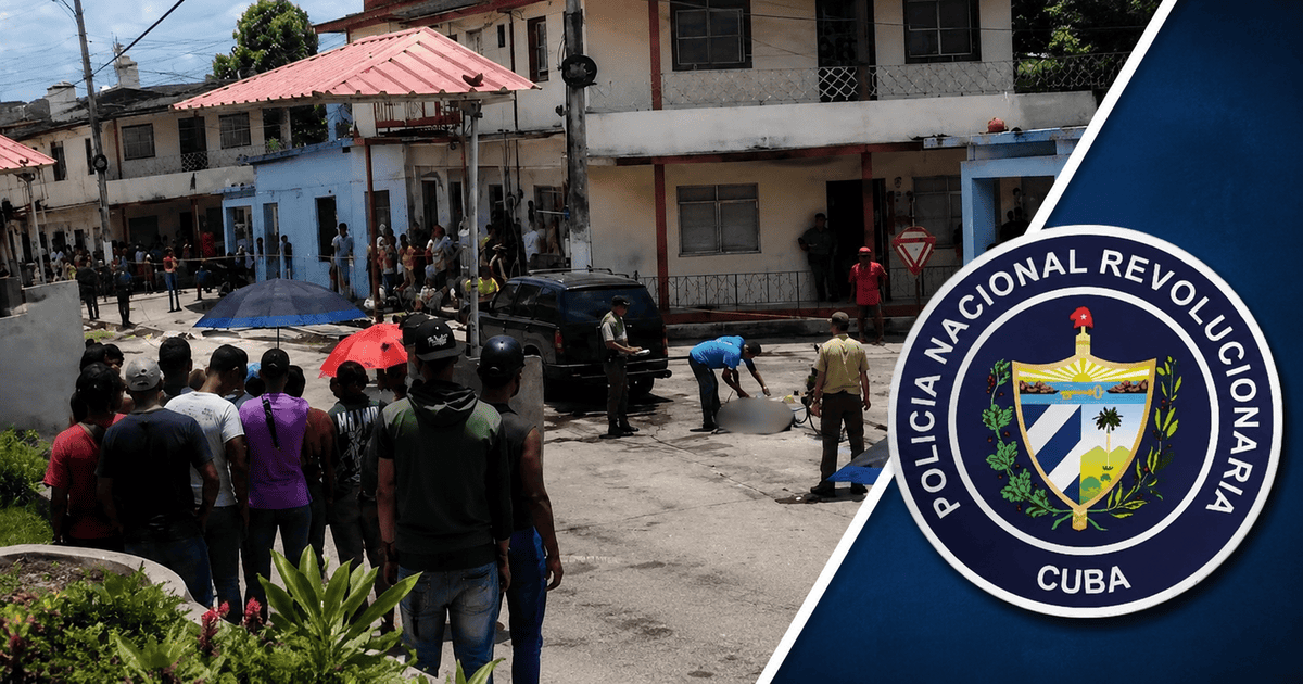 Composición editorial sobre el presunto tiroteo reportado frente a un bar en Colón, Matanzas, con escena del lugar y logotipo de la Policía Nacional Revolucionaria (PNR).