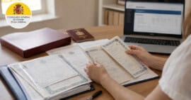Persona revisando documentos de nacionalidad española mientras espera la resolución de su expediente.