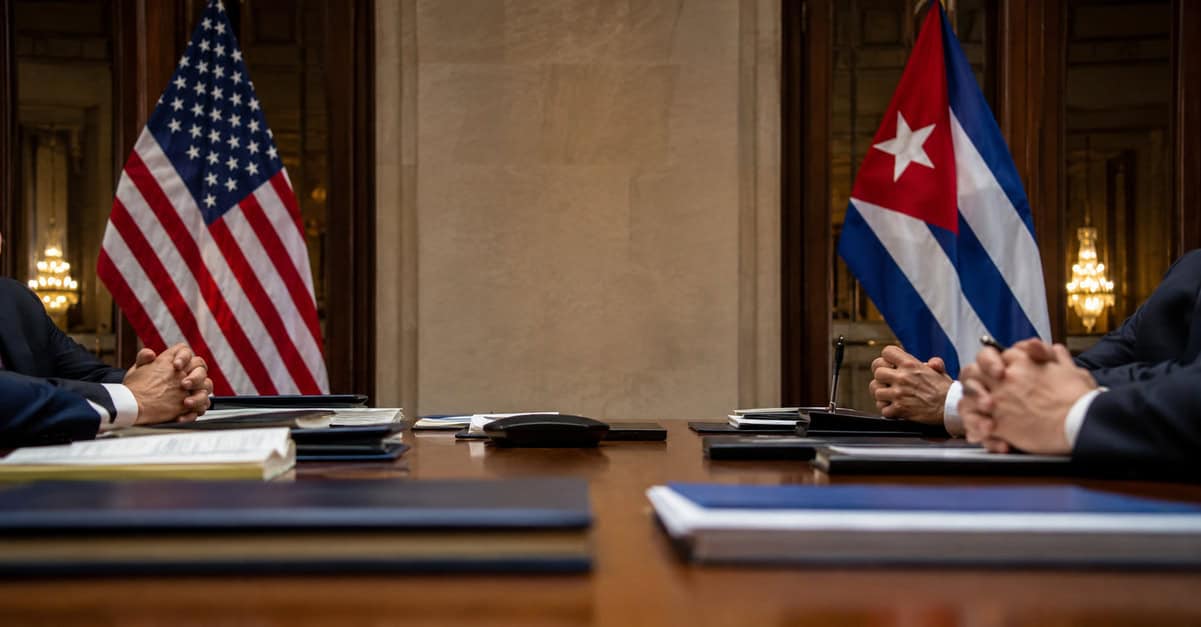 Banderas de Estados Unidos y Cuba en una mesa diplomática con documentos oficiales