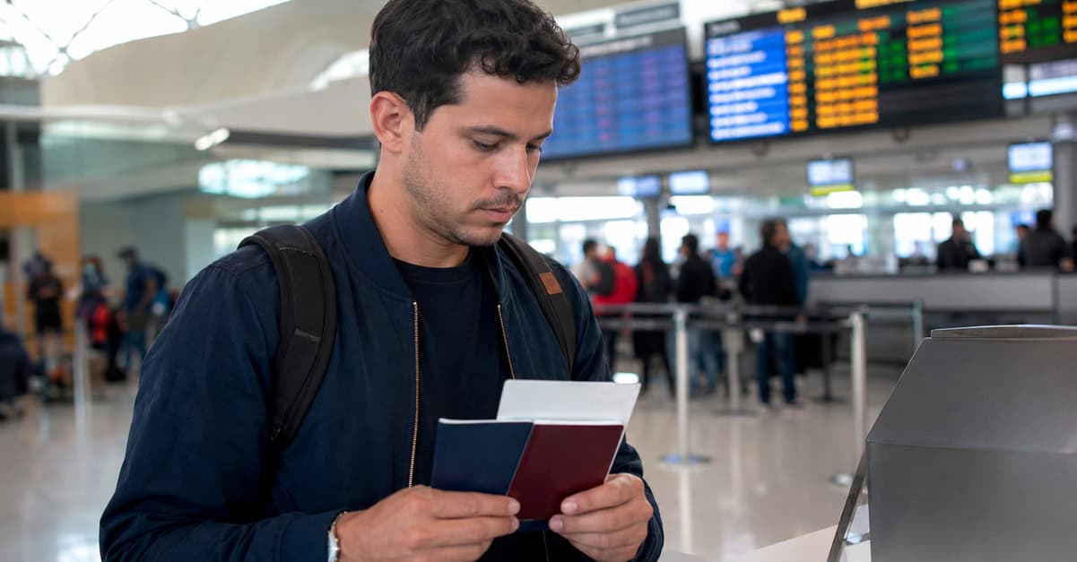 Viajero cubano con doble ciudadanía sostiene dos pasaportes en un aeropuerto antes de viajar a Cuba.