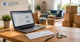 Computadora portátil sobre un escritorio con llaves, correspondencia y cajas de mudanza en una vivienda de Estados Unidos, representando el proceso de actualización de dirección.