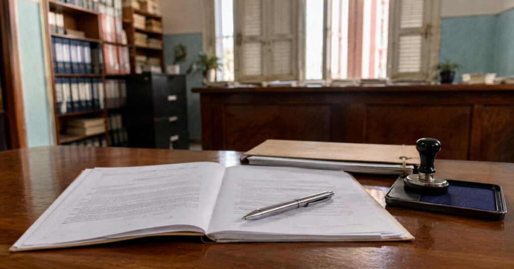Escritura pública de donación de una vivienda sobre un escritorio en una notaría de Cuba, con sello notarial y documentos legales, sin personas.