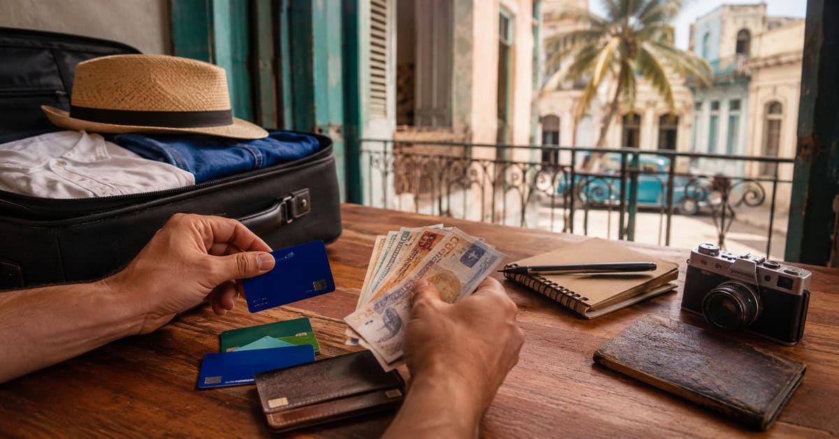 Viajero preparando tarjetas bancarias y dinero en efectivo antes de un viaje a Cuba