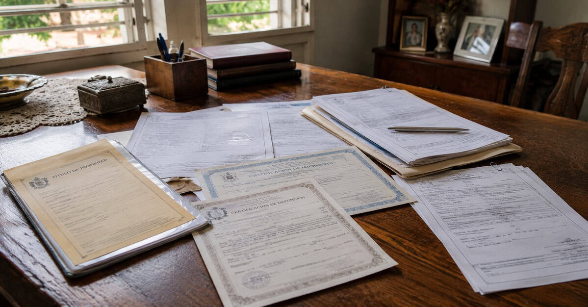 Documentos legales, certificados y título de propiedad sobre una mesa durante un trámite de herencia en Cuba.
