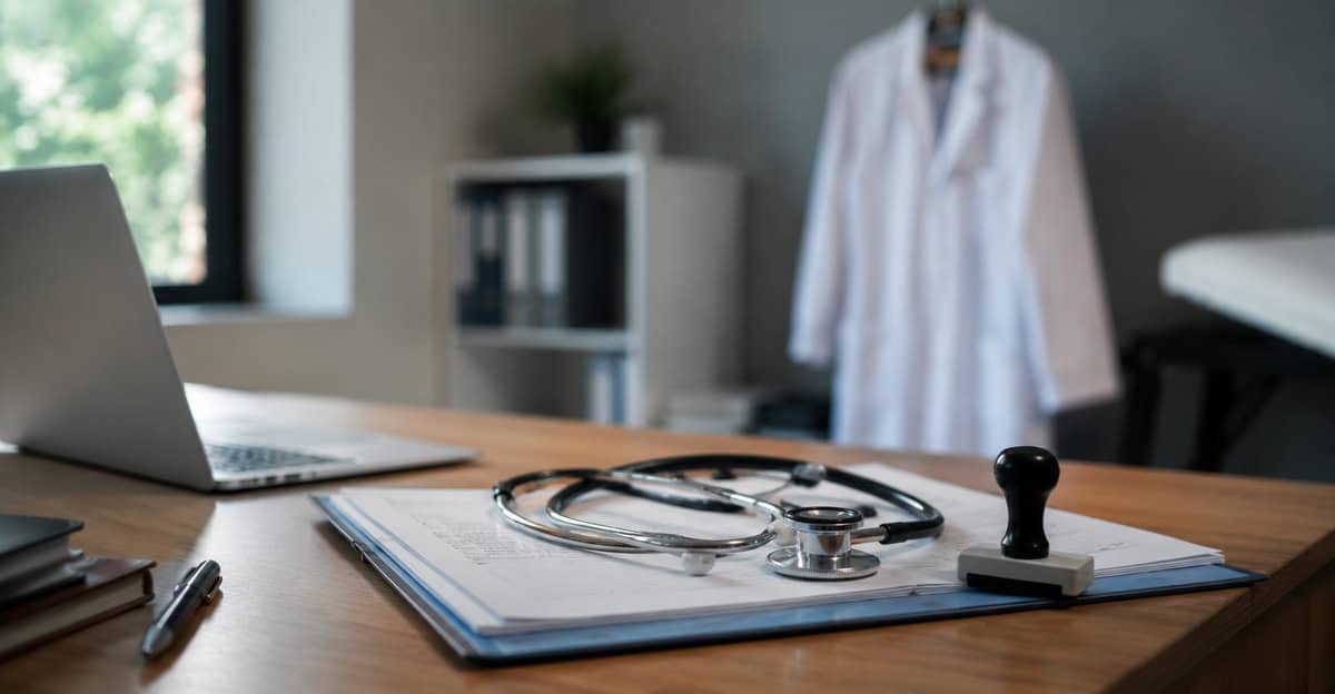 Estetoscopio sobre un expediente médico en un consultorio moderno con ordenador portátil y bata blanca al fondo.
