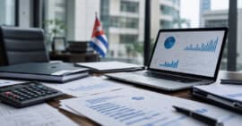 Empresas estatales cubanas representadas con gráficos financieros y documentos sobre una mesa, como ilustración conceptual de la futura venta de acciones.