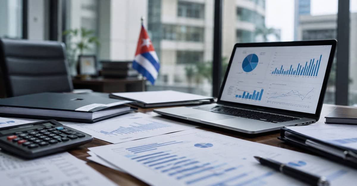 Empresas estatales cubanas representadas con gráficos financieros y documentos sobre una mesa, como ilustración conceptual de la futura venta de acciones.