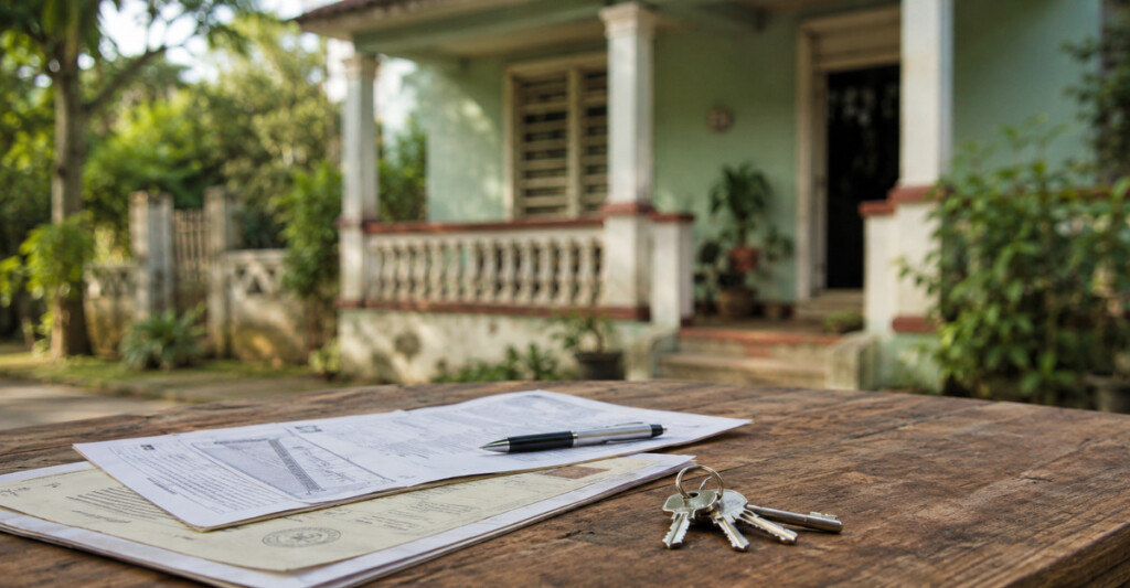 Documentos de propiedad, escritura, llaves y bolígrafo sobre una mesa, con una vivienda cubana desenfocada al fondo, representando la compraventa de una casa en Cuba.