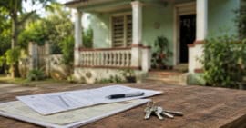 Documentos de propiedad, escritura, llaves y bolígrafo sobre una mesa, con una vivienda cubana desenfocada al fondo, representando la compraventa de una casa en Cuba.