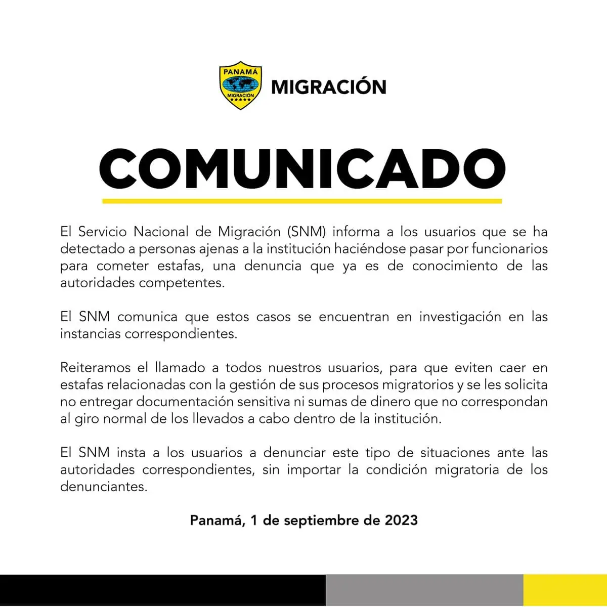 Comunicado de Advertencia de la Embajada de Panamá 4 de Septiembre