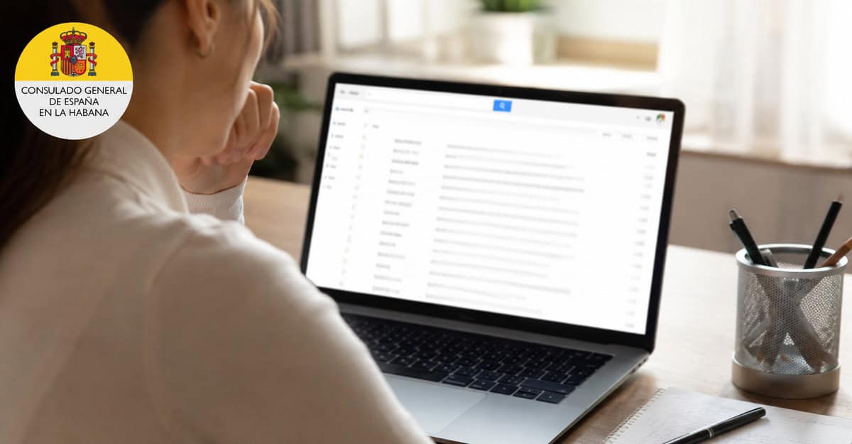 Persona revisando el correo electrónico para comprobar si recibió las credenciales de la Ley de Memoria Democrática enviadas por el Consulado de España.