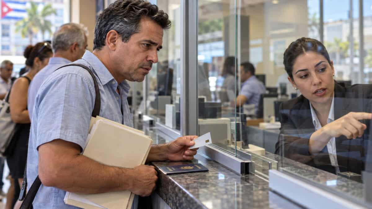 Hombre con tarjeta bancaria y pasaporte cubano conversa con una empleada en la ventanilla de un banco.