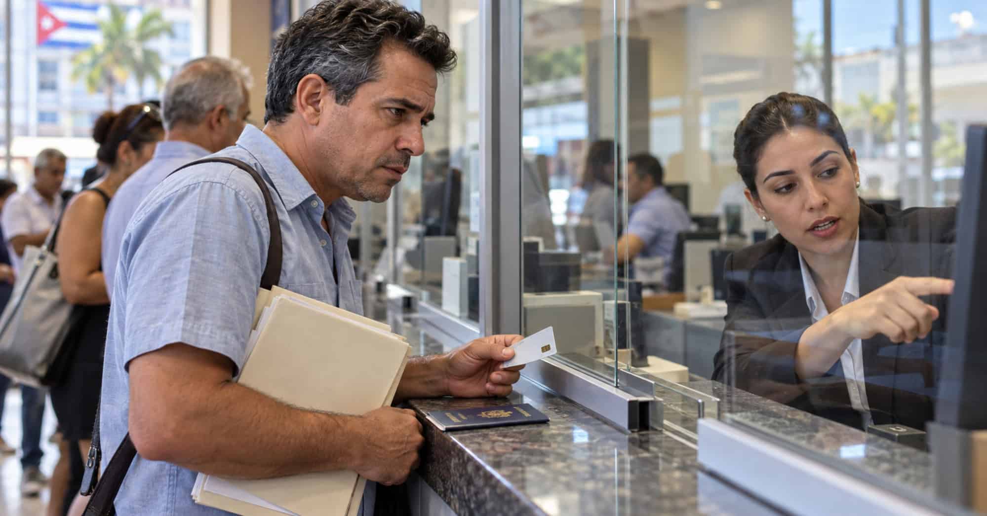 Hombre con tarjeta bancaria y pasaporte cubano conversa con una empleada en la ventanilla de un banco.