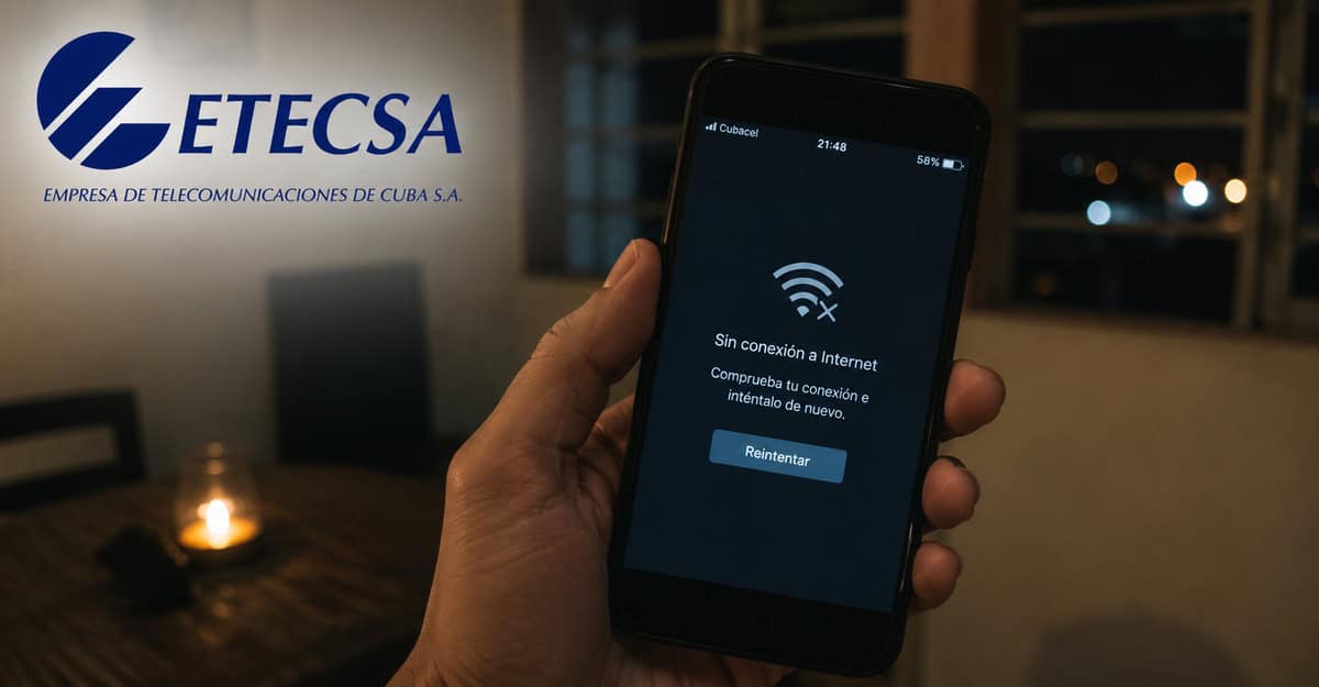 Teléfono móvil mostrando un mensaje de error de conexión a Internet durante un apagón en Cuba, con el logotipo de ETECSA en la imagen.