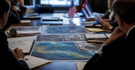 Mesa de análisis gubernamental con mapas de Cuba y el Caribe y banderas de Estados Unidos y Cuba.