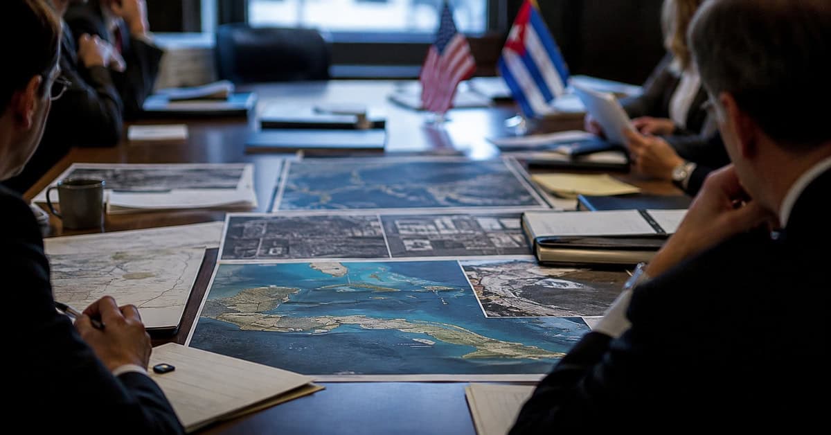 Mesa de análisis gubernamental con mapas de Cuba y el Caribe y banderas de Estados Unidos y Cuba.