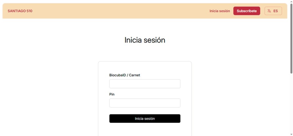 Pagina de inicia sesión en web de Café Santiago 510