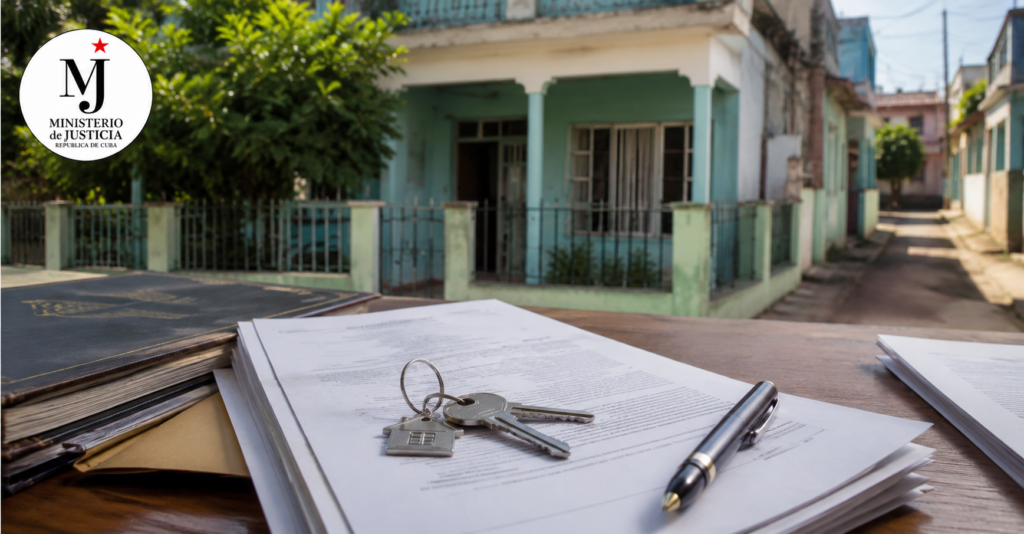 Documentos legales de una vivienda, llaves y bolígrafo sobre una mesa, con una casa cubana desenfocada al fondo y el logotipo del Ministerio de Justicia de Cuba.