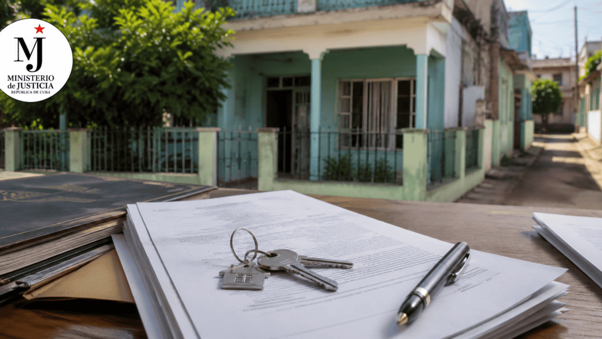Documentos legales de una vivienda, llaves y bolígrafo sobre una mesa, con una casa cubana desenfocada al fondo y el logotipo del Ministerio de Justicia de Cuba.