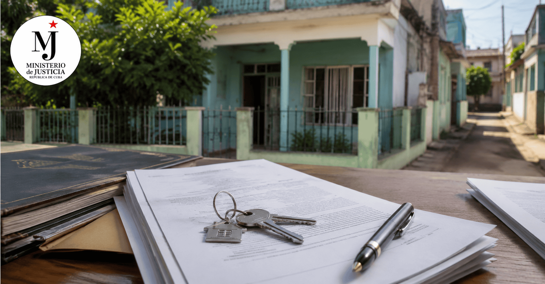 Documentos legales de una vivienda, llaves y bolígrafo sobre una mesa, con una casa cubana desenfocada al fondo y el logotipo del Ministerio de Justicia de Cuba.