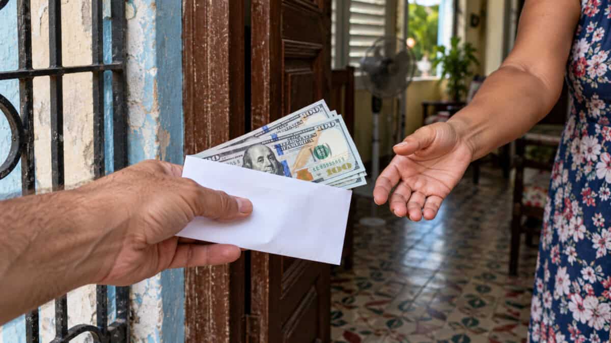 Una mano entrega un sobre con dólares a una mujer en el umbral de una vivienda cubana.