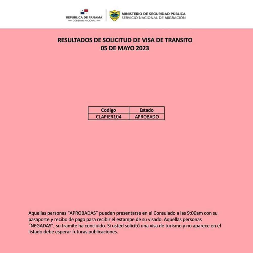 Resultados de Solicitud de Visa de Transito 05 de Mayo 2023