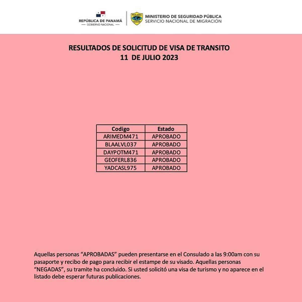 Resultados de Solicitud de Visa de Tránsito 11 de Julio 2023