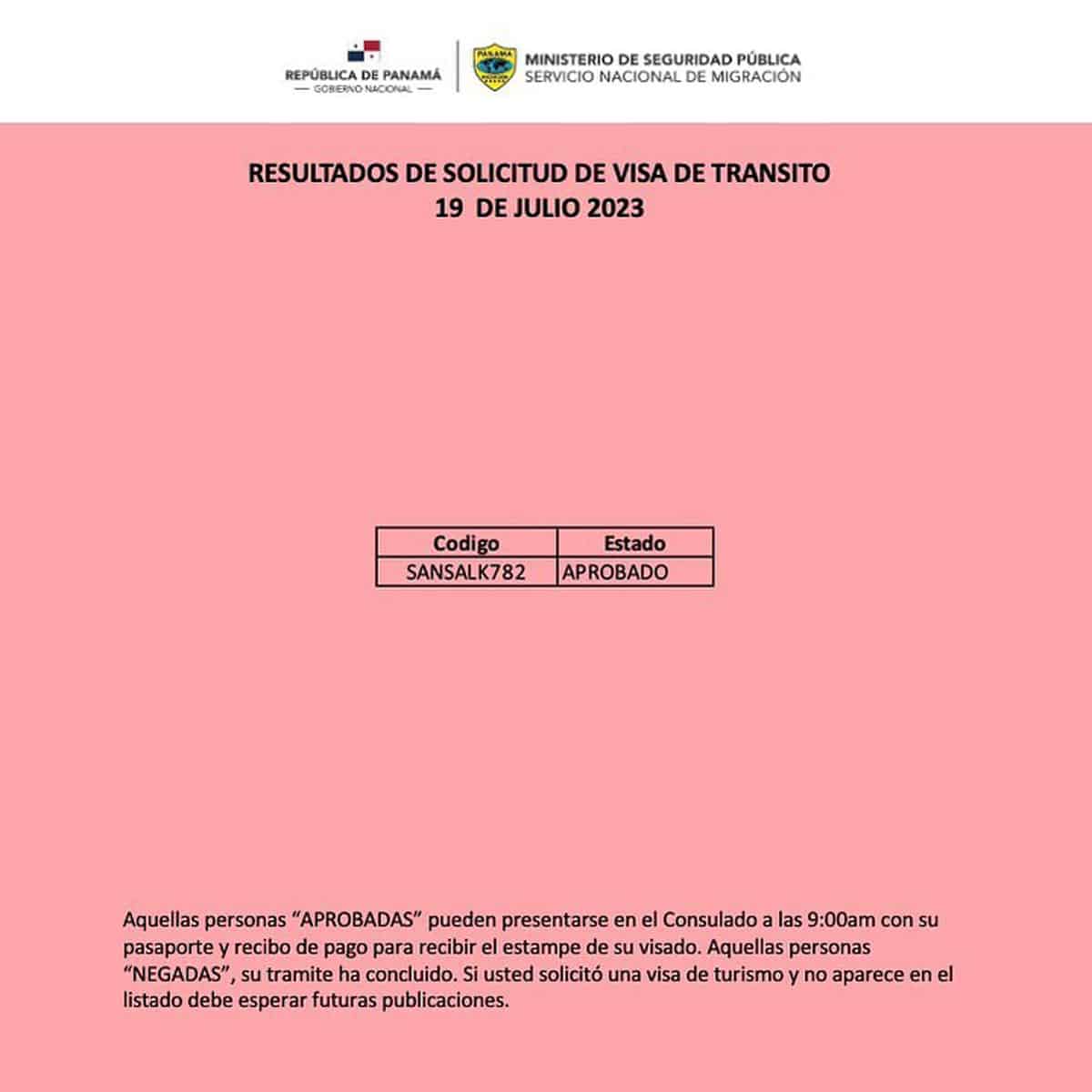 Resultados de Solicitud de Visa de Tránsito 19 de Julio 2023