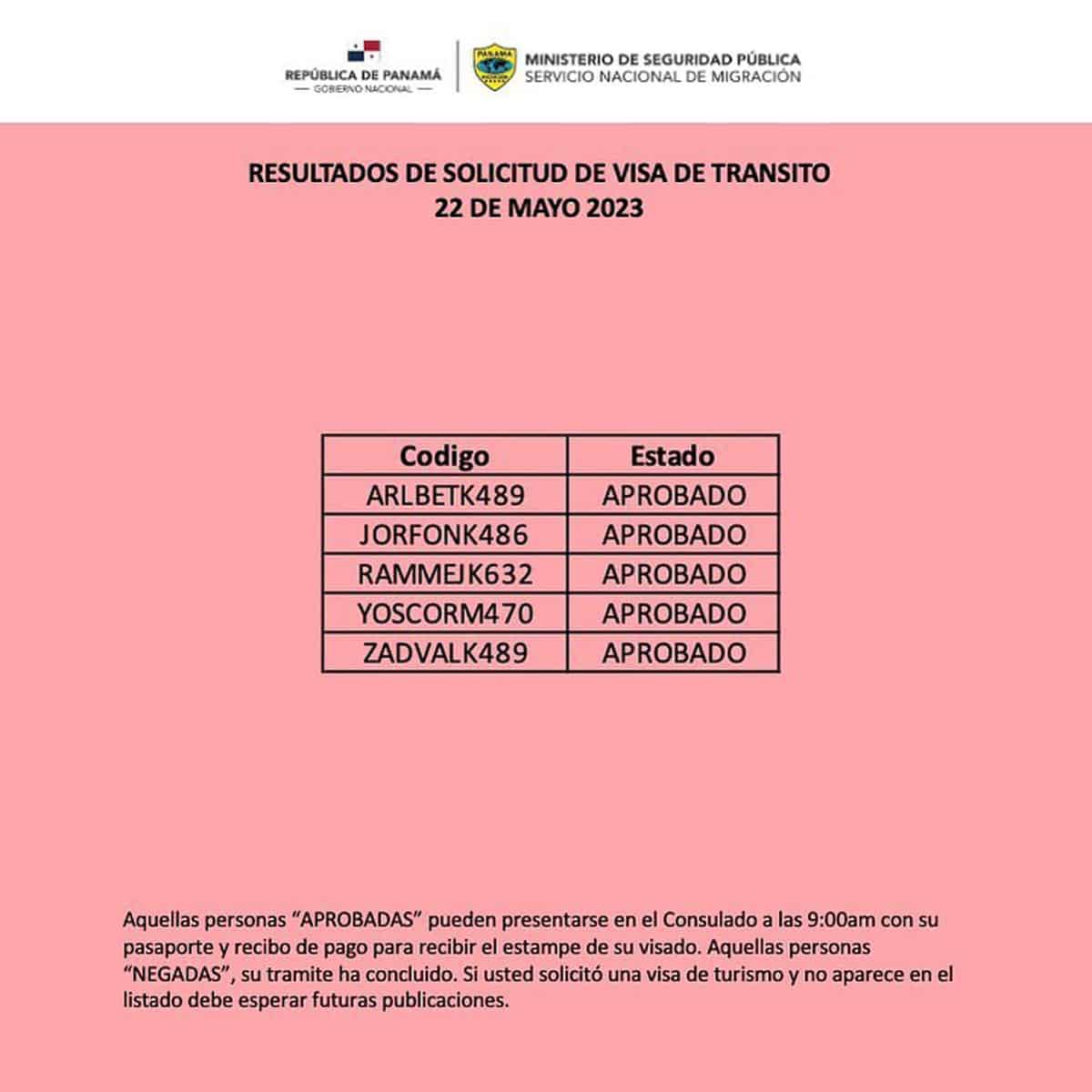 Resultados de Solicitud de Visa de Transito 22 de Mayo 2023