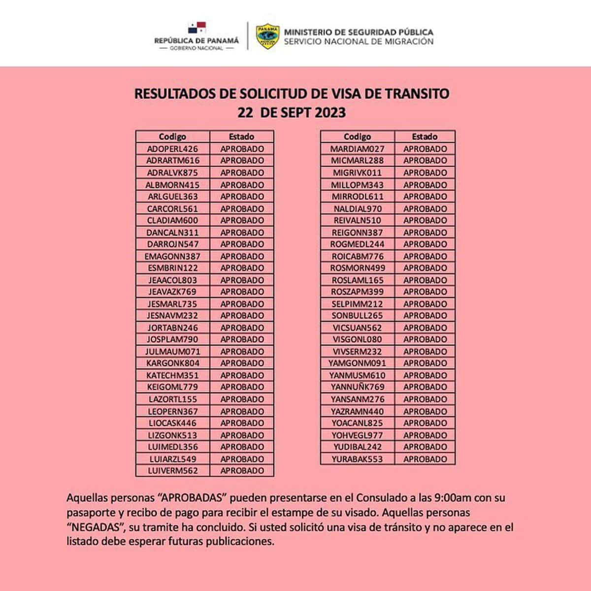 Resultados de Solicitud de Visa de Tránsito 22 de Septiembre 2023