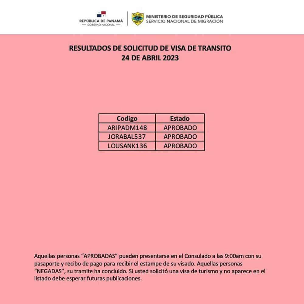 Resultados de Solicitud de Visa de Transito 24 de Abril 2023