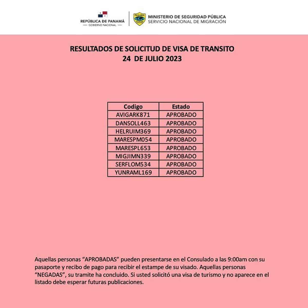 Resultados de Solicitud de Visa de Tránsito 24 de Julio 2023