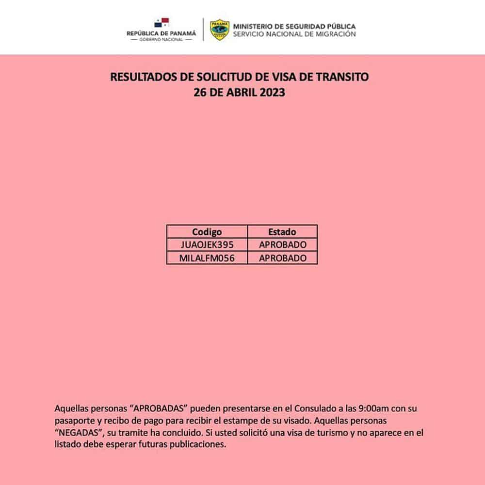 Resultados de Solicitud de Visa de Transito 26 de Abril 2023