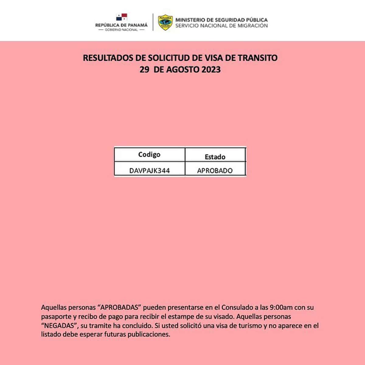 Resultados de Solicitud de Visa de Tránsito 29 de Agosto 2023