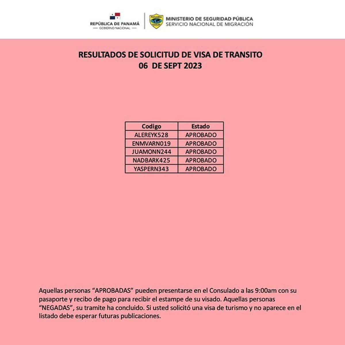 Resultados de Solicitud de Visa de Tránsito 6 de Septiembre 2023