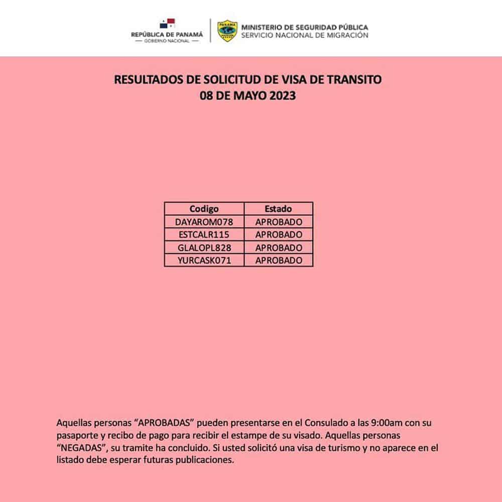 Resultados de Solicitud de Visa de Transito 8 de Mayo 2023