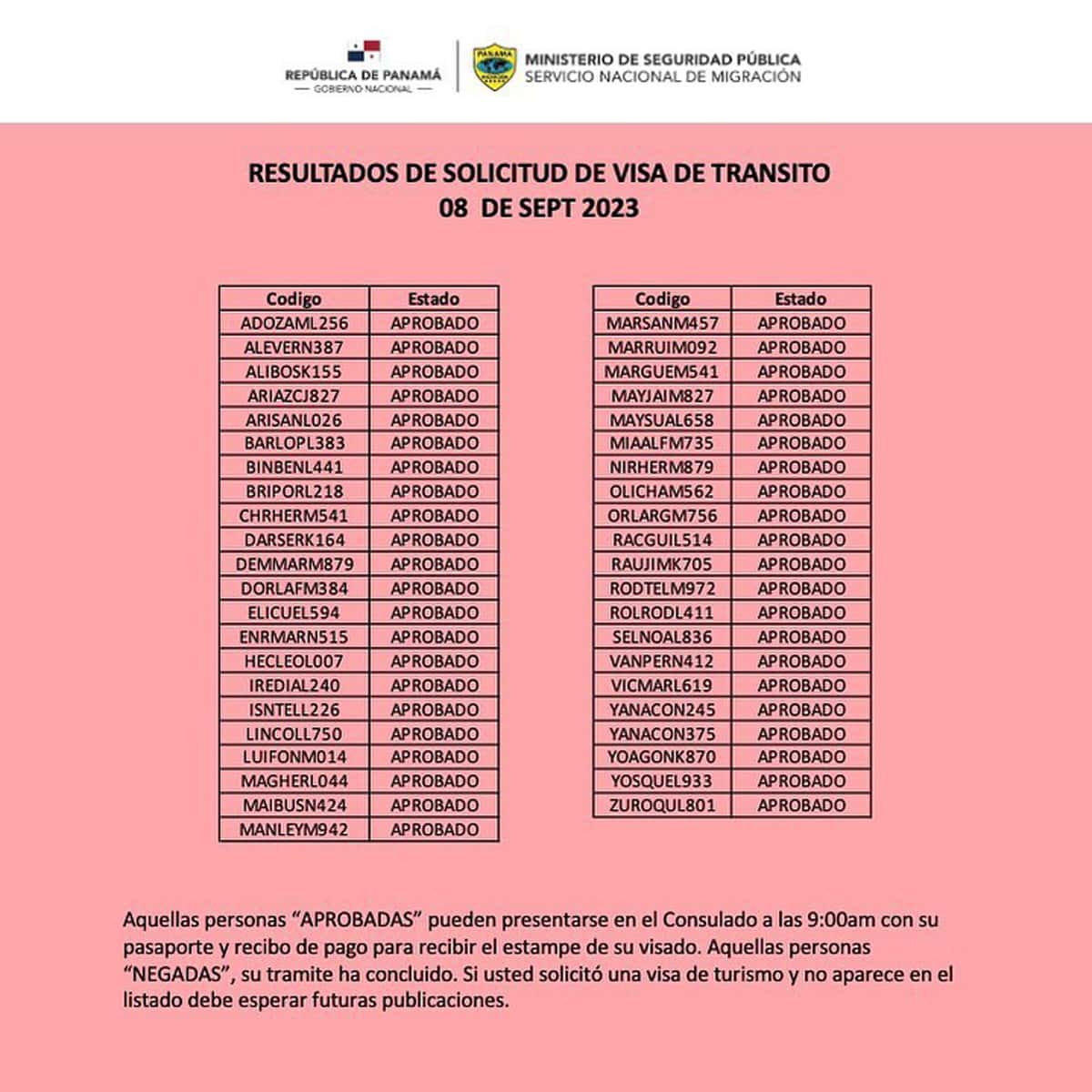 Resultados de Solicitud de Visa de Tránsito 8 de Septiembre 2023