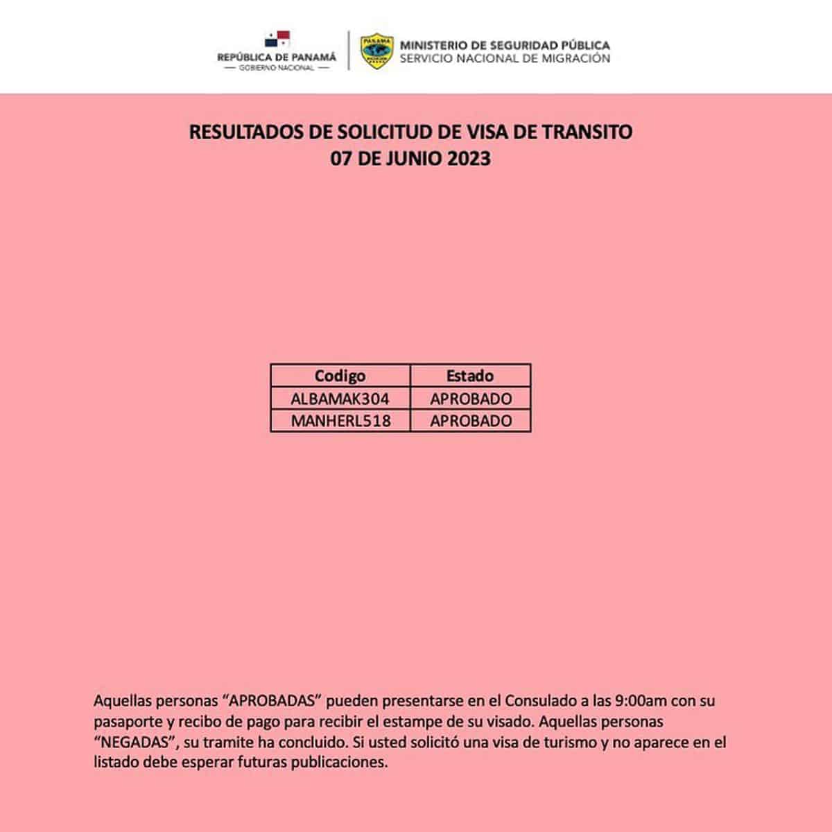 Resultados de Solicitud de Visa de Transito del 07 de Junio 2023