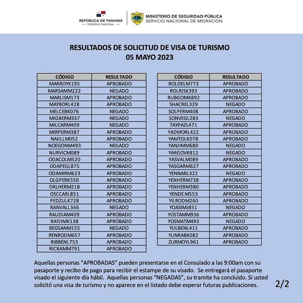 Resultados de Solicitud de Visa de Turismo 05 de Mayo 2023 .2