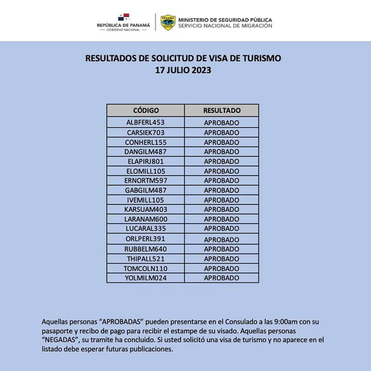 Resultados de Solicitud de Visa de Turismo 17 de Julio 2023