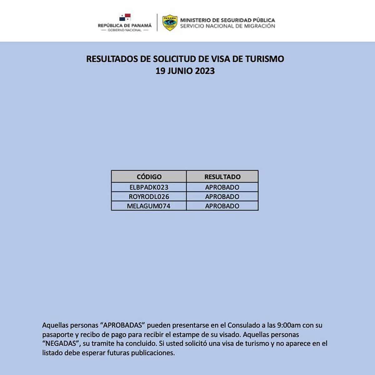 Resultados de Solicitud de Visa de Turismo 19 de Junio 2023