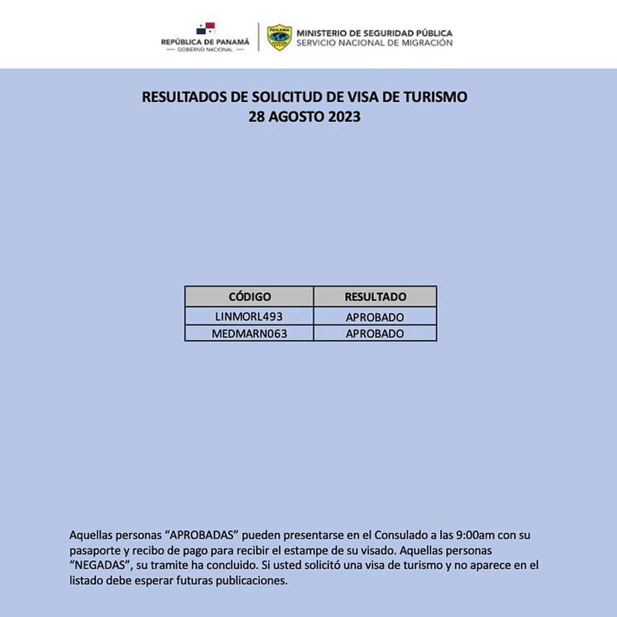 Resultados de Solicitud de Visa de Turismo a Panamá 28 de Agosto 2023