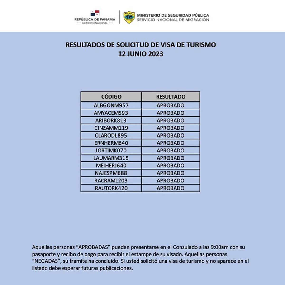 Resultados de Solicitud de Visa de Turismo del 12 de Junio 2023