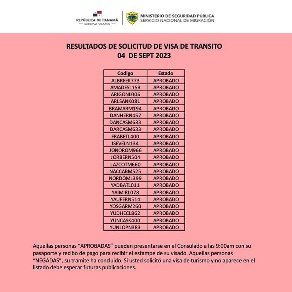 Resultados de Solicitud de Visa de tránsito 4 de Septiembre 2023