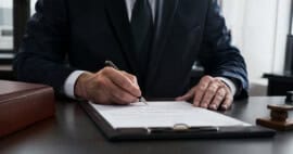 Persona adulta firmando un testamento sobre un escritorio en una notaría con documentos legales y bolígrafo.